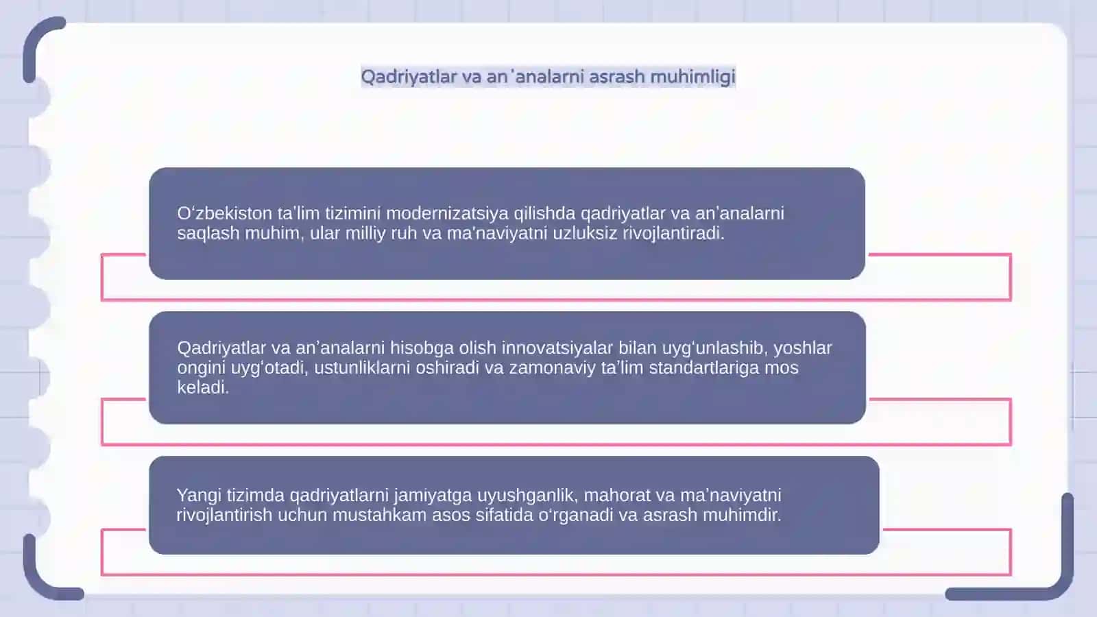 Oʻzbekiston Respublikasi taʼlim tizimini modernizatsiyalashtirishning qadriyatlari yoʻnalishlari 4