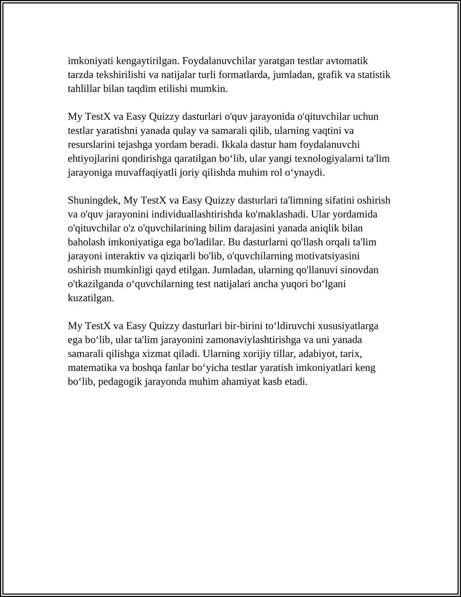 MY TESTX EASY QUIZZY DASTURLARI VA ULARNING IMKONIYATLARI 4