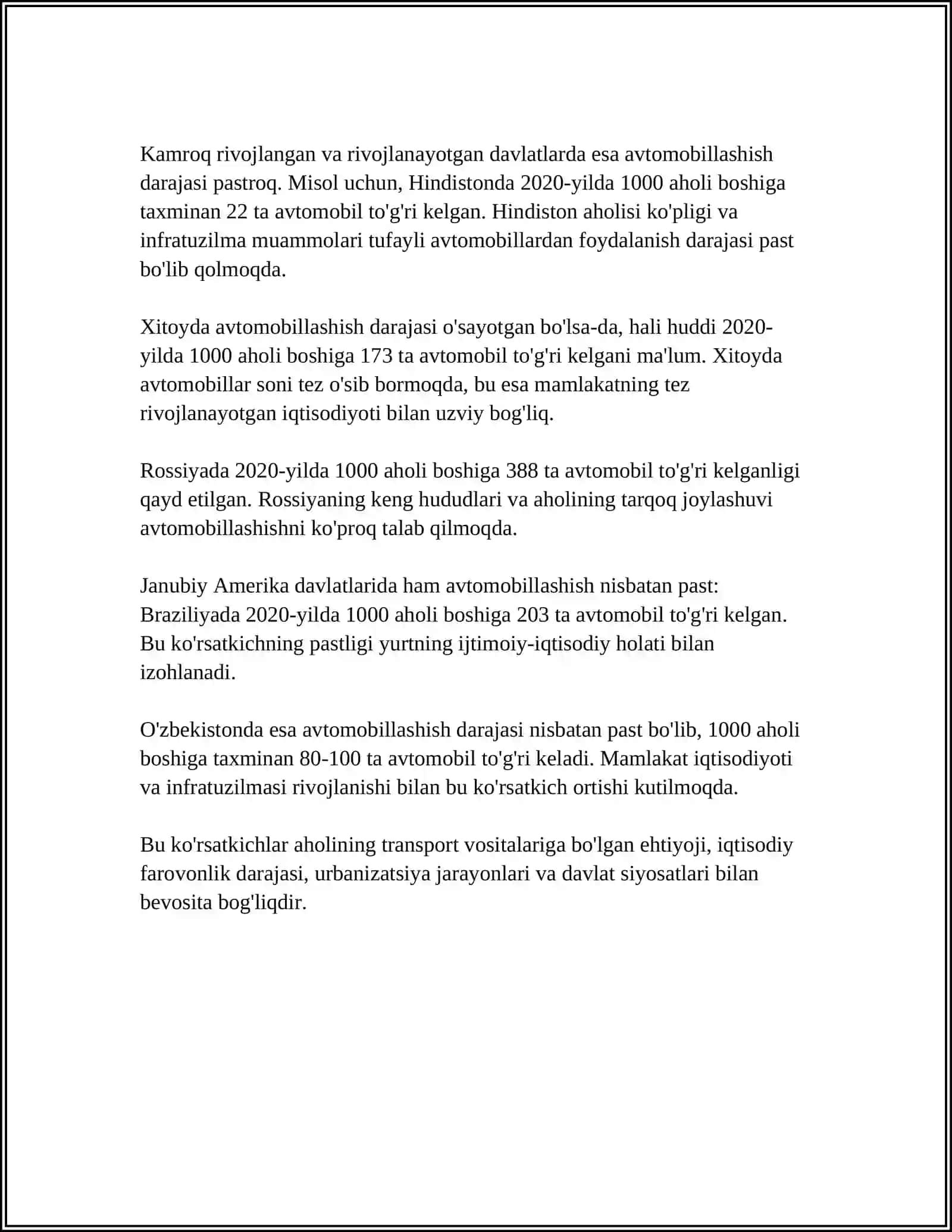 O'ZBEKISTON RESPUBLIKASIDA AVTOMOBILLASHTIRISH VA YO'L TARMOGLARINING KO'RSATKICHLARI 4