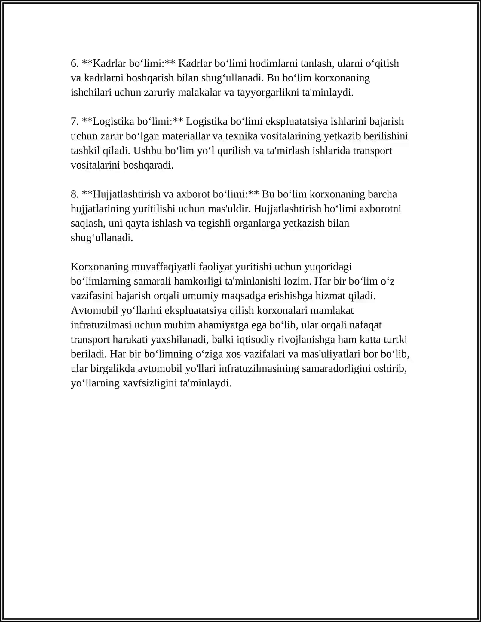 AVTOMOBIL YO‘LLARINI EKSPLUATATSIYA QILISH KORXONALARINING ASOSIY VAZIFALARI VA ULARNING STRUKTURASI 4