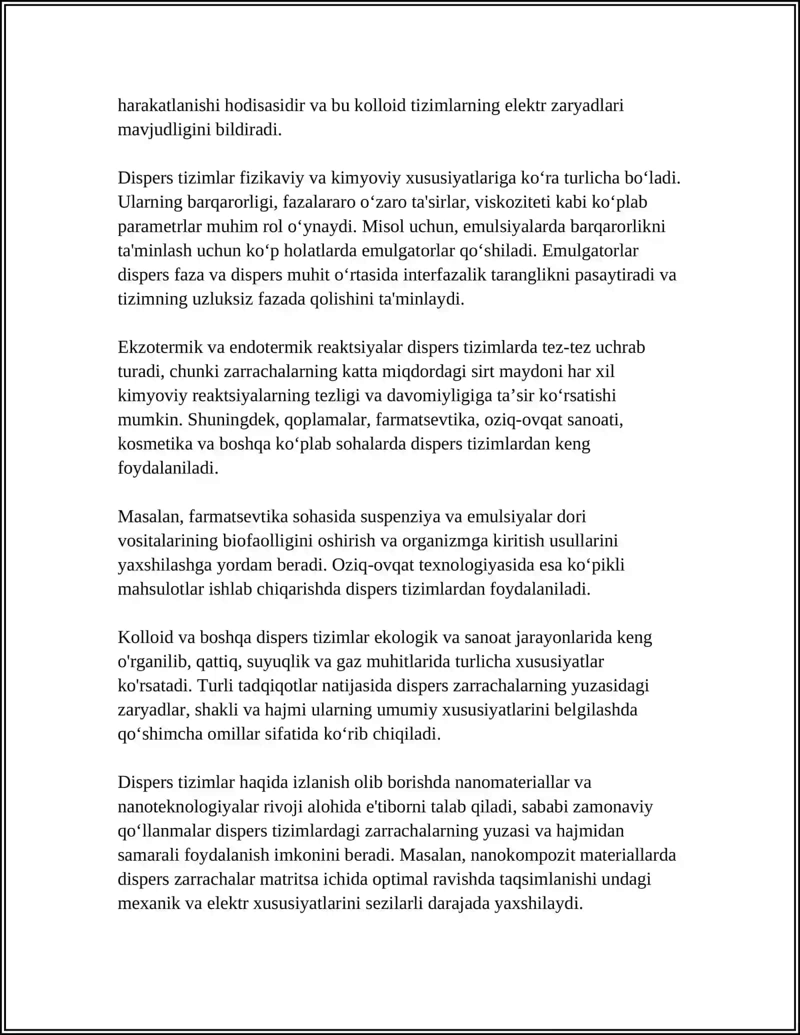 DAG'AL DISPERS SISTEMALARNING XOSSALARI VA ULARNI TIBBIYOT HAMDA FARMOKOLOGIYADA ISHLATILISHI 4