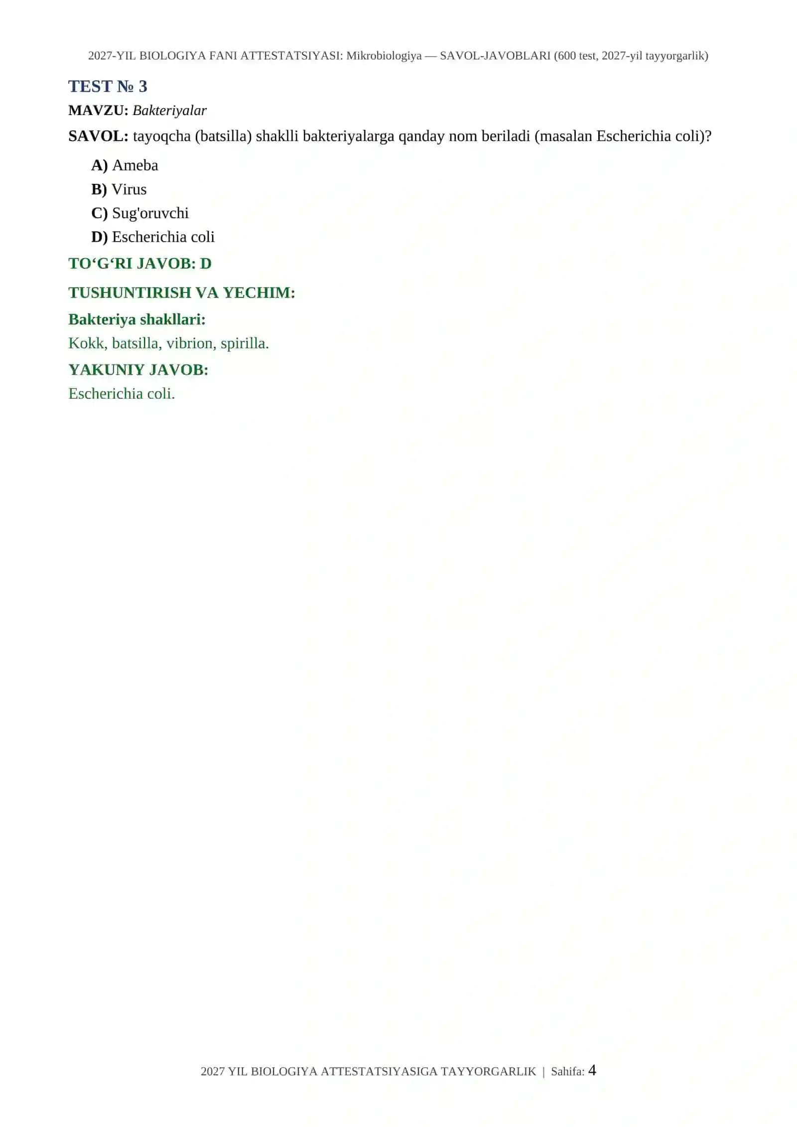 2027-YIL BIOLOGIYA FANI ATTESTATSIYASI: Mikrobiologiya — SAVOL-JAVOBLARI (600 test, 2027-yil tayyorgarlik) 4