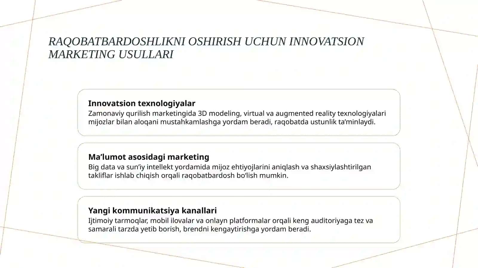 Qurilishda marketing va narx shakllantirish: xalqaro bozor raqobati va 2025 trendlari 4