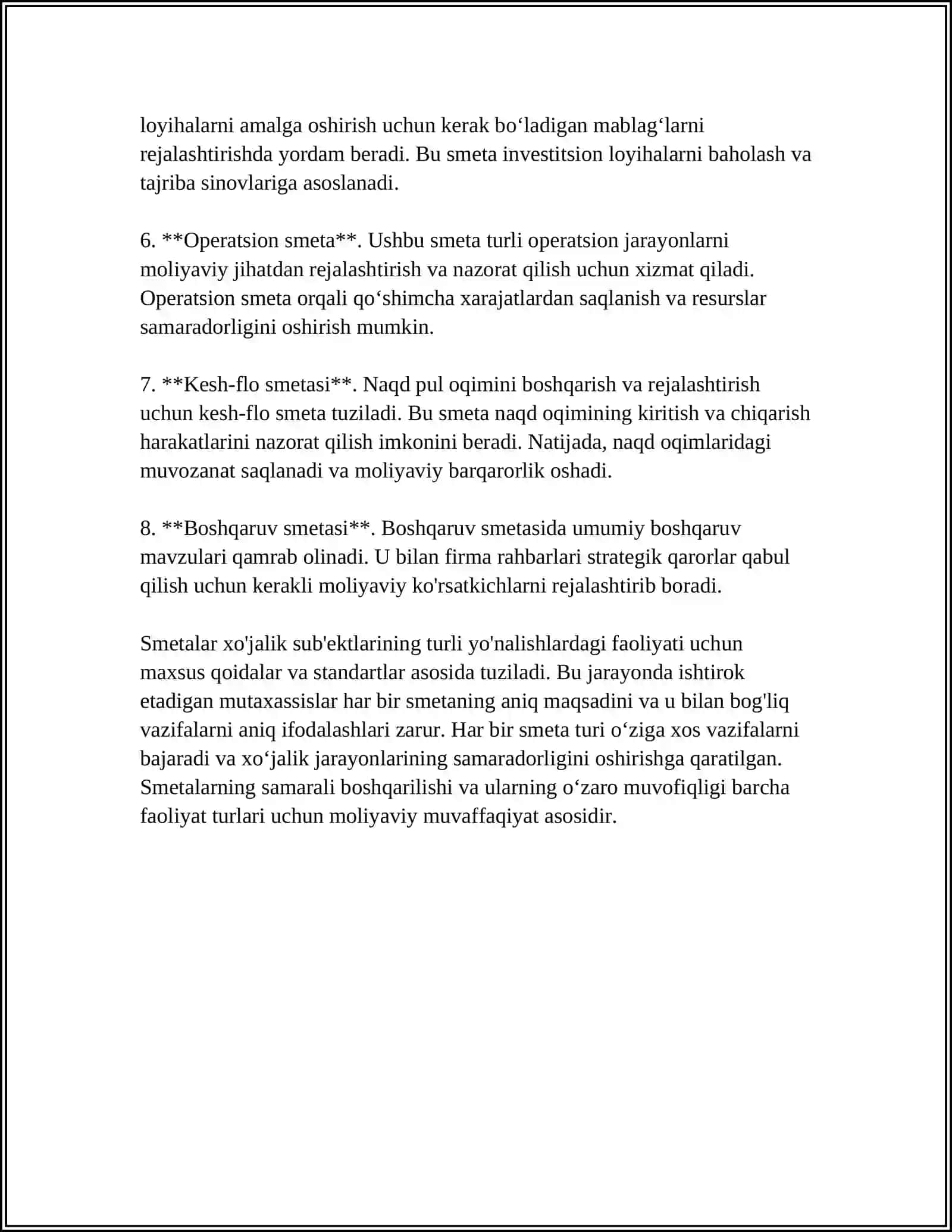 SMETA TURLARI VA XO‘JALIK YURITUVCHI SUBYEKT FAOLIYATI TURLARI BO‘YICHA SMETALARNI SHAKLLANTIRISH 4