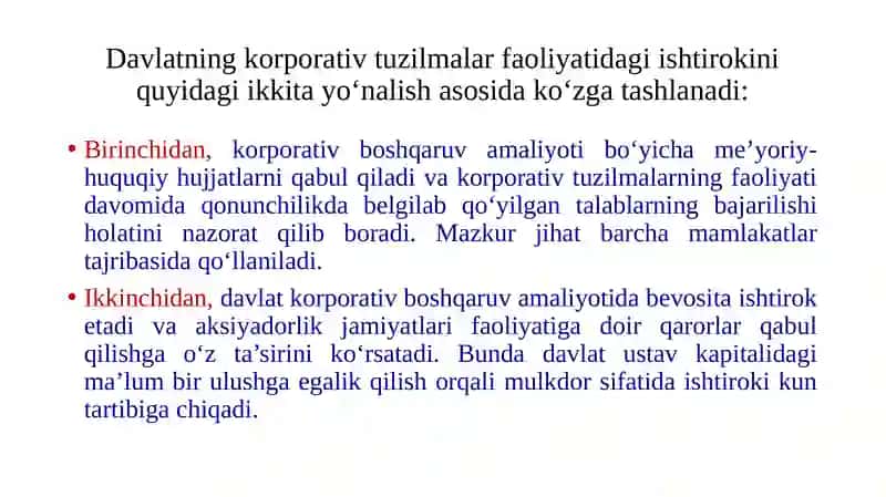 Davlat ulushi mavjud korporativ tuzilmalarda korporativ boshqaruv tizimi 4