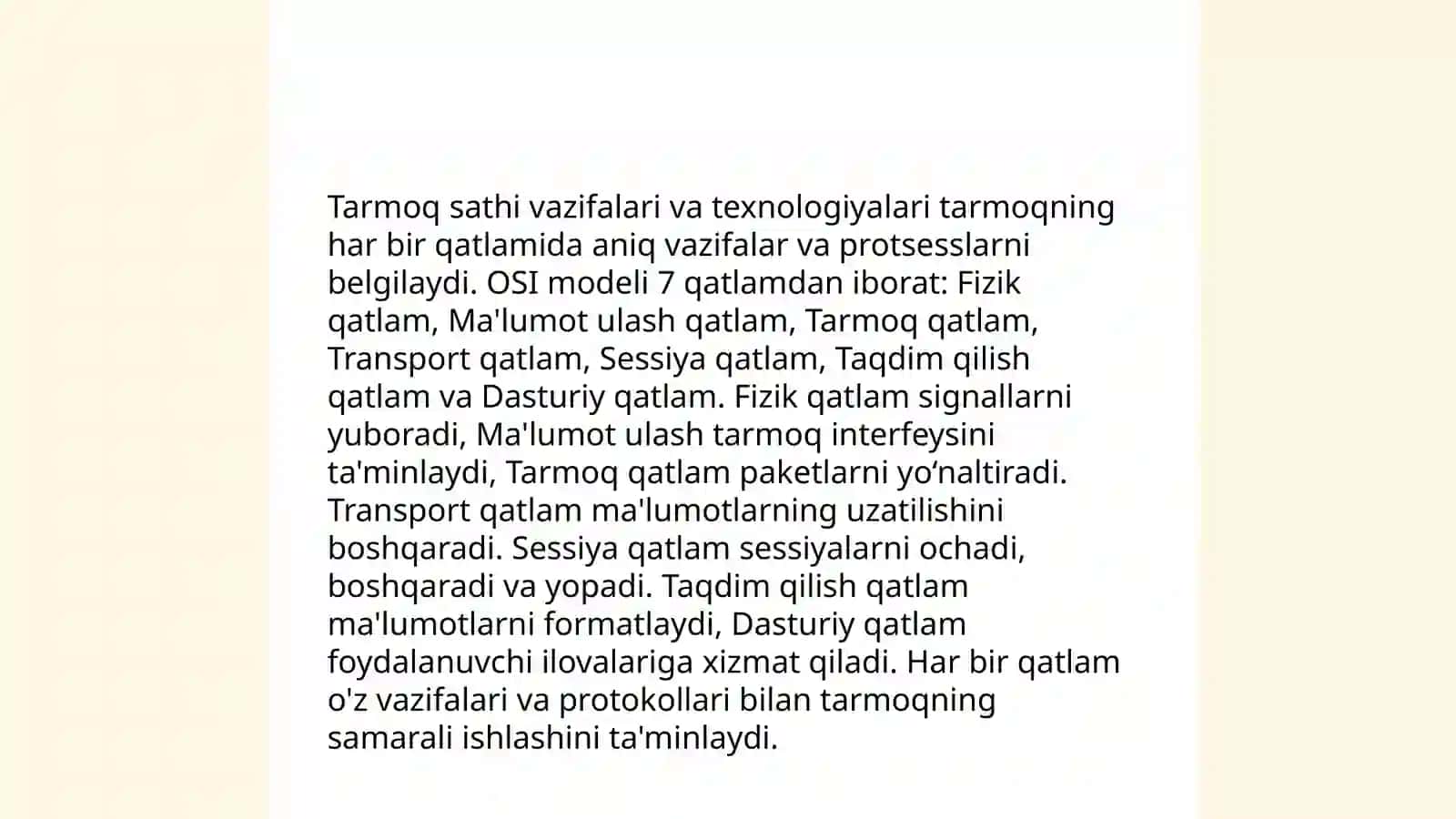 Tarmoq protokollari.Tarmoq sathi.Tarmoq sathi vazifalarini va tarmoq texnologiyalarini oʻrganish.Tarmoqlararo oʻzaro ishlash va qurilmalar tavsifi:takrorlagichlar,konsentratorlar,marshrutizatorlar,koʻpriklar,kommutatorlar va shlyuzlar.IPv4 protokolining tuzilishi.Manzillash:Internet- manzili,sinfli manzillash 4