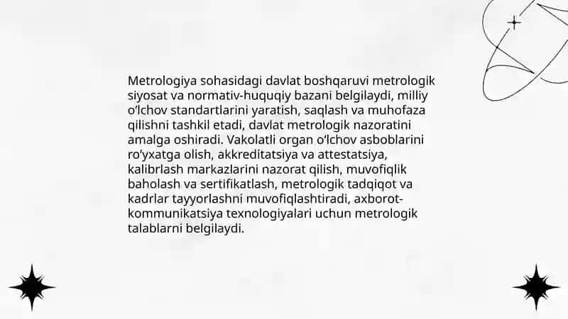 O'zbekiston Respublikasining "Metrologiya to'g'risida"gi qonunini o'rganish. Axborot va kommunikasiya sohasida metrologik ta'minot ishlari 4