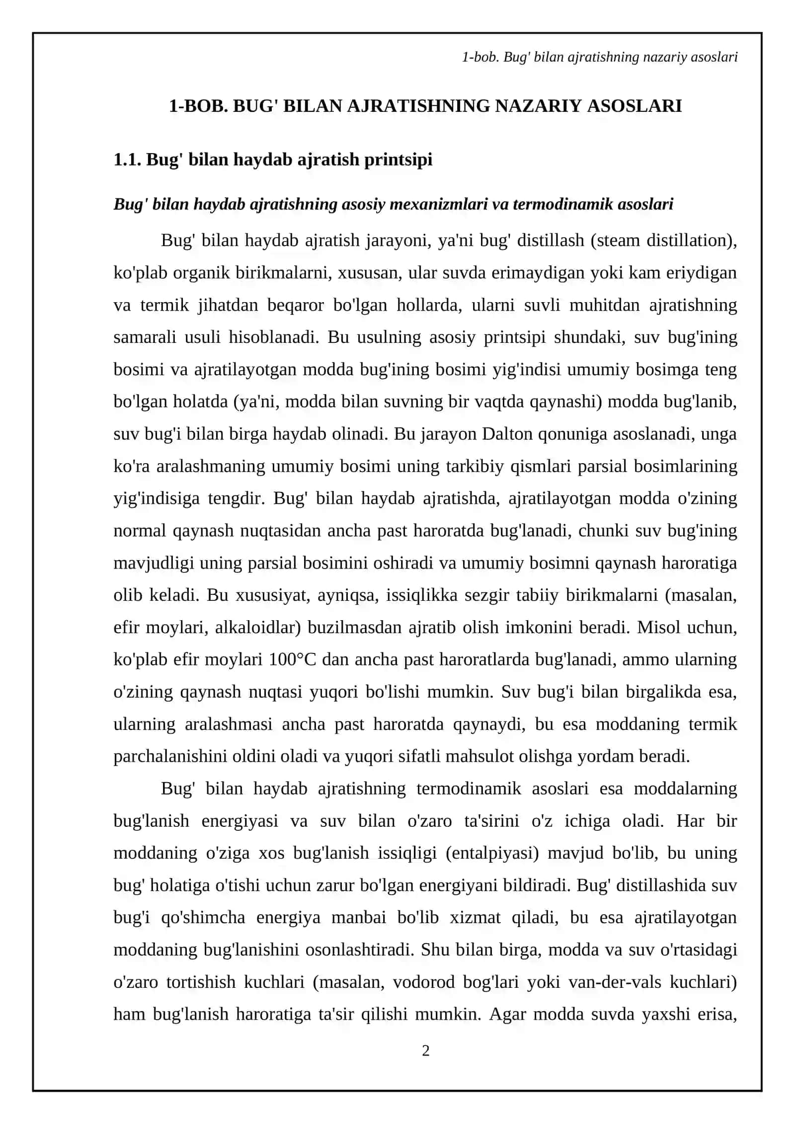 Uchuvchı zaxarlarnı suv bugı yordamıda bıologık ob'ektdan ajratıb olıshnıng nazarı asosları 4