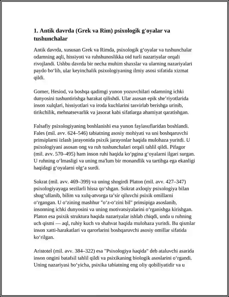 PSIXOLOGIYA FANINING TARIXIY RIVOJLANISH BOSQICHLARI (ANTIKLIKDAN ZAMONAVIY KONGNITIV PSIXOLOGIYAGACHA) BO'LGAN JADVAL VA TAHLILIY ESSE TAYYORLASH 4