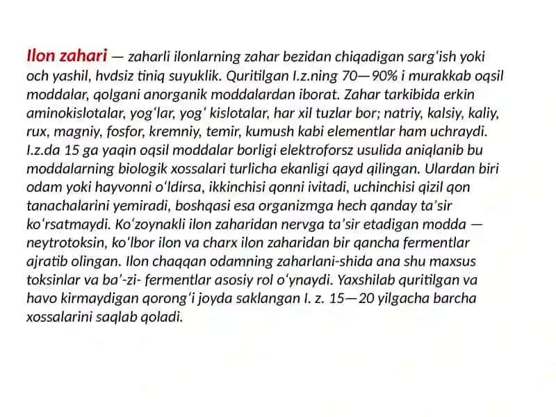 O’zbekistonning zaharli ilonlari, ularning tarqalishi va ahamiyati. 4