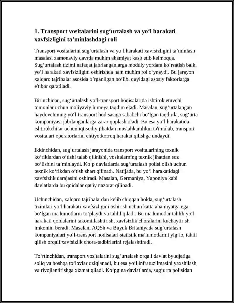 TRANSPORT VOSITALARINI SUG‘URTALASHNING YO‘L HARAKATI XAVFSIZLIGIDAGI AHAMIYATI. YO‘L HARAKATI XAVFSIZLIGI MASALALARIDA XALQARO TAJRIBALAR 4