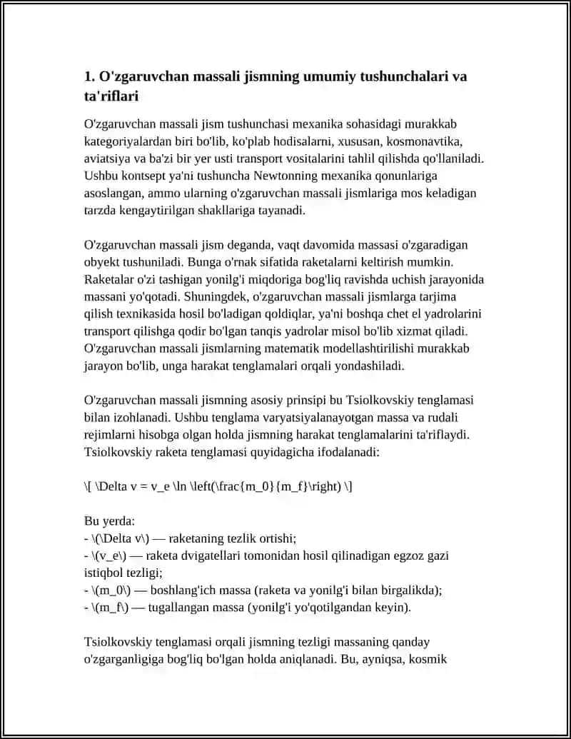 O'ZGARUVCHAN MASSALI JISMNING HARAKATI. REAKTIV HARAKAT. NOINERSIAL SANOQ TIZIMLARI. NISBIYLIK NAZARIYASI ELEMENTLARI. RELYATIVISTLIK DINAMIKA ELEMENTLARI 4