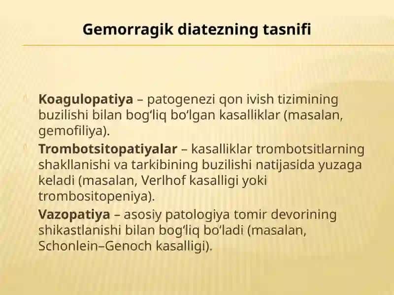 Gemorragik sindrom. Massiv qon yo’qotish. Gomologik qon, DVS sindromi klinikasi, diagnostikasi. Tez tibbiy yordam ko’rsatish usullari. UASH taktikasi. 4