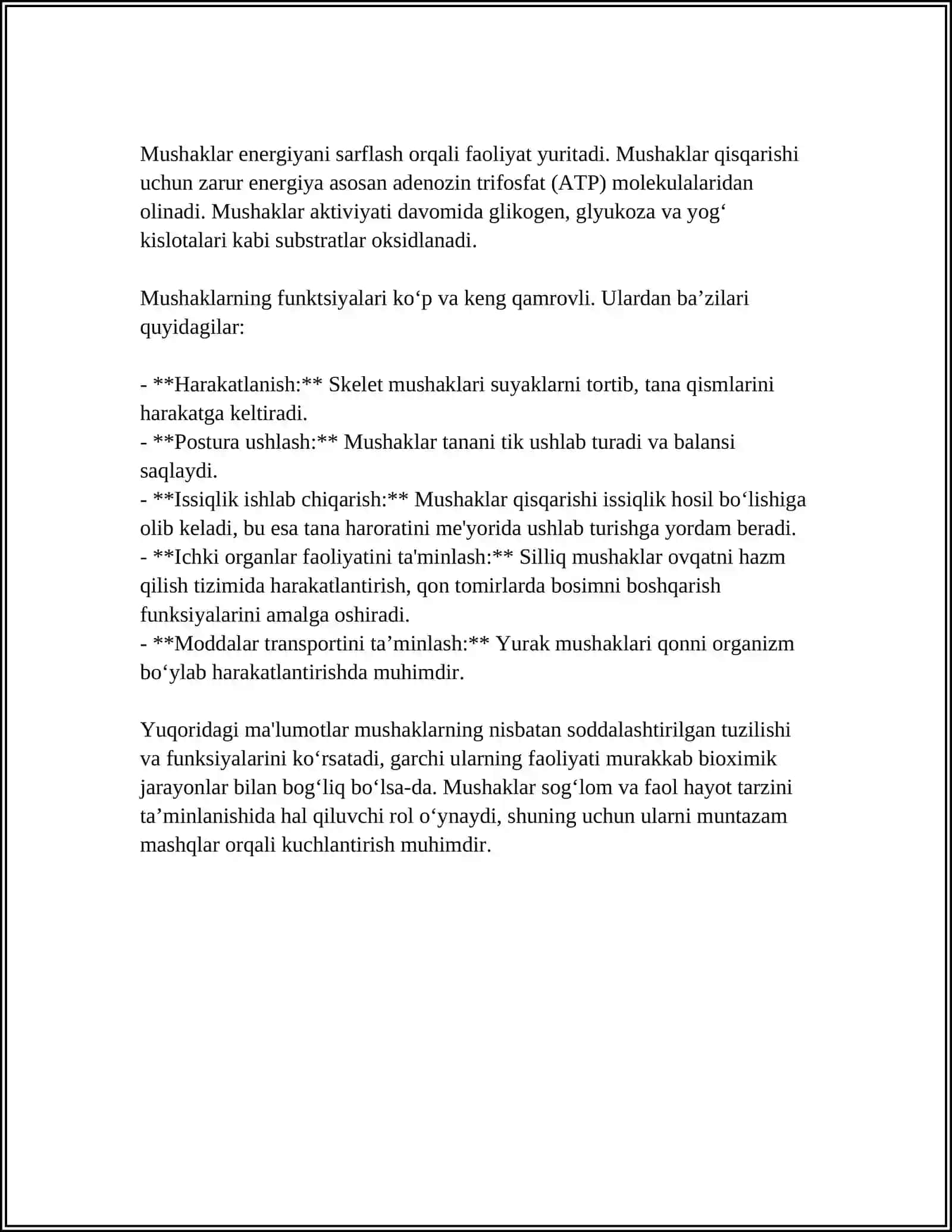 MUSHAKLARNING ISHI VA BIOMAXANIKASI.LESTGAFT MUSHAKLAR TOGRISIDAGI TALIMOTI 4