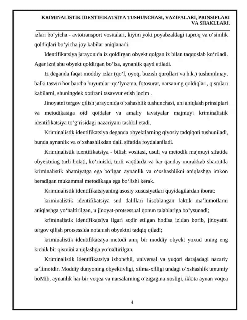 KRIMINALISTIK IDENTIFIKATSIYA TUSHUNCHASI, VAZIFALARI, PRINSIPLARI VA SHAKLLARI 4
