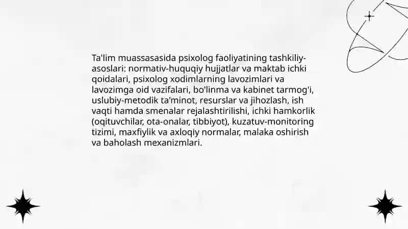 Taʼlim muassasasini psixolog faoliyatining õziga xosligi 4
