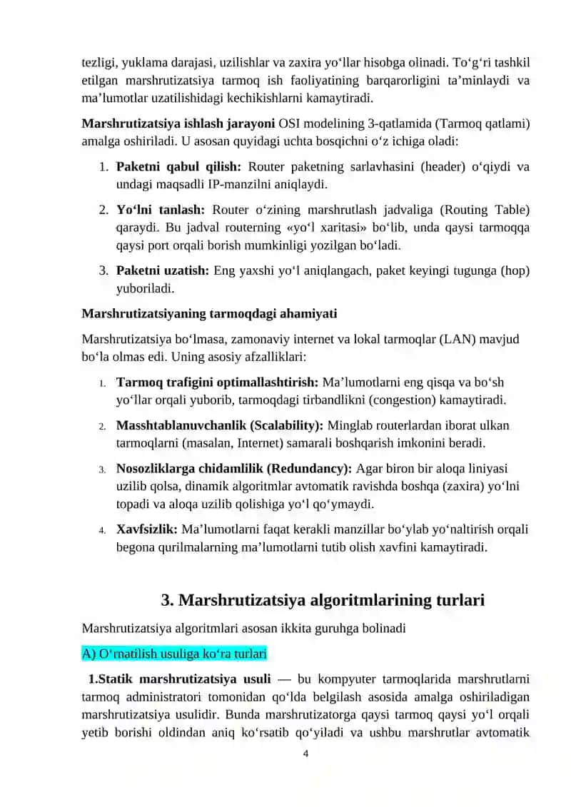 Marshrutizatsiya algoritmlari (RIP, OSPF, BGP) va ularning ishlash mexanizmi 4
