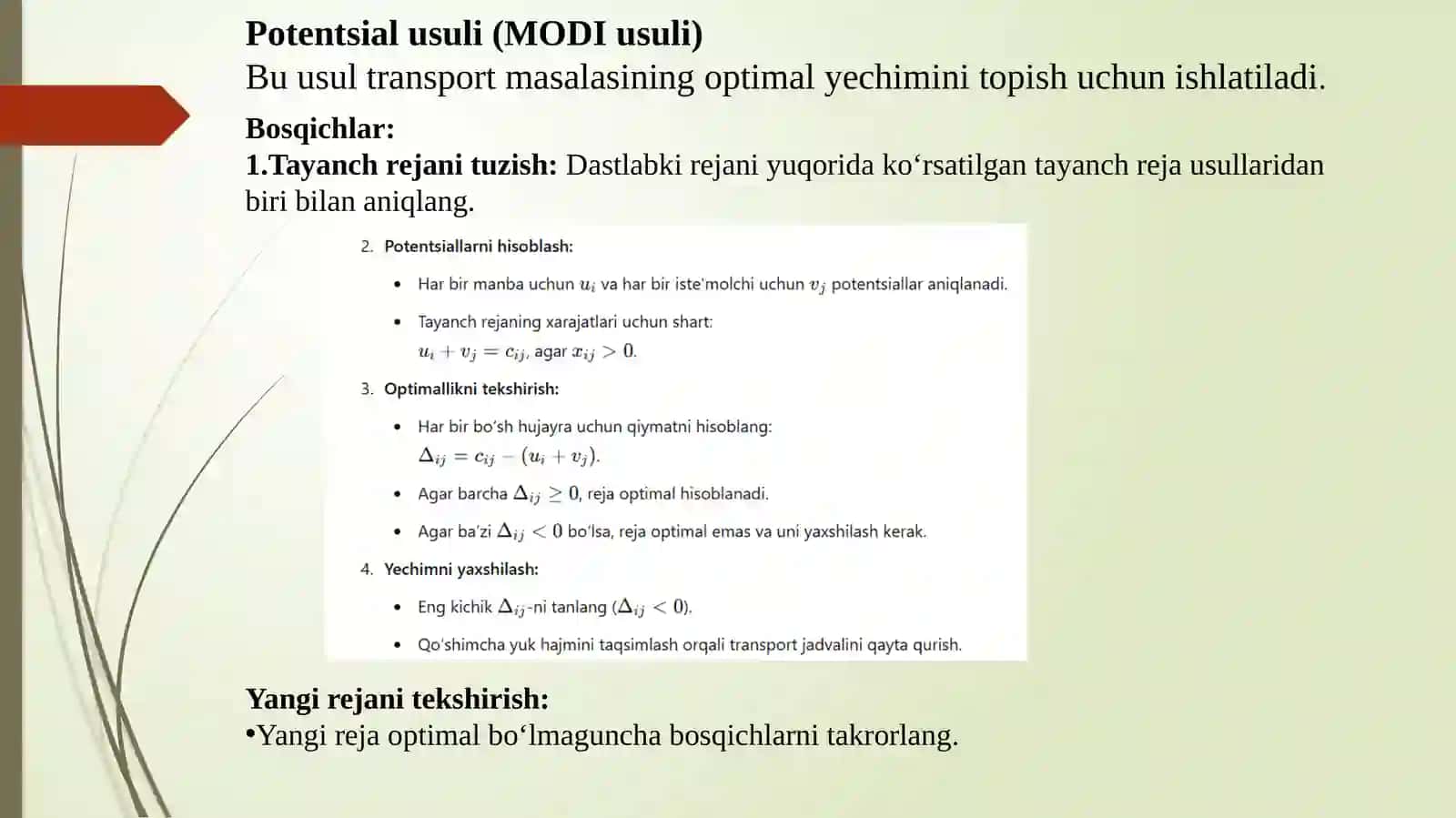 Transport masalasini tayanch va optimal yechimlarini topish usullari 4