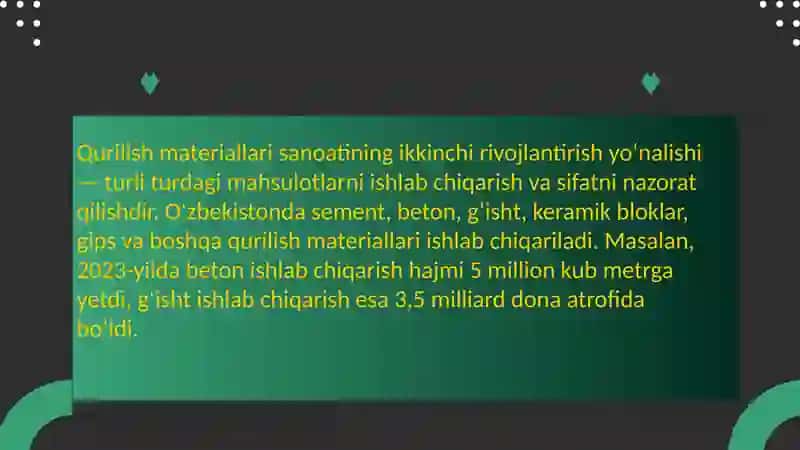 Qurilish materiallari sanoatini rivojlantirish xususiyatlari 4