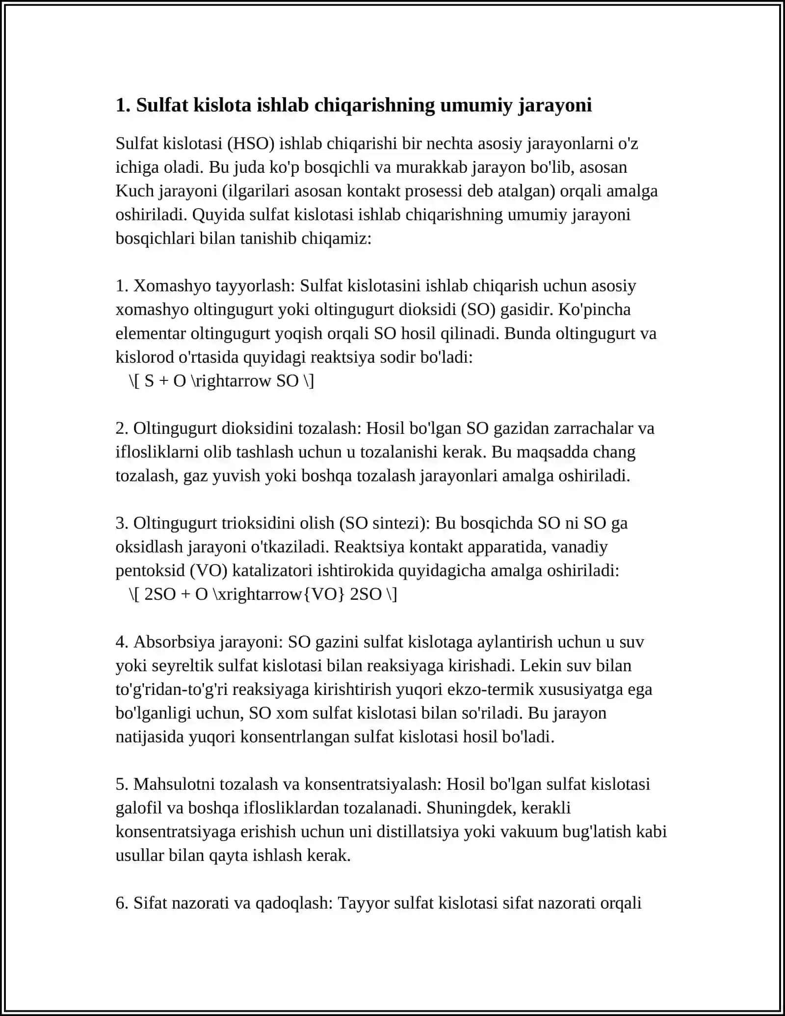 KONTAKT USULI BILAN SULFAT KISLOTA ISHLAB CHIQARISH TAXNOLOGIK TASVIRLASH XILLARINI TAQQOSLASH 4