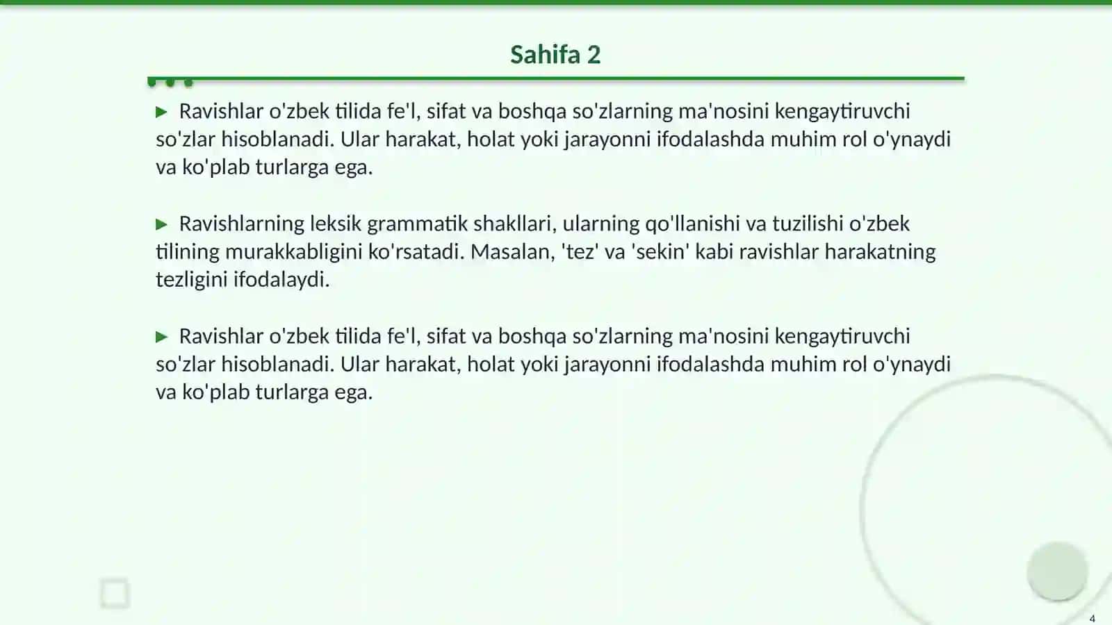 Ona tili fanidan Ravishlarning leksik grammatik shakllari, maʼno turlari 4
