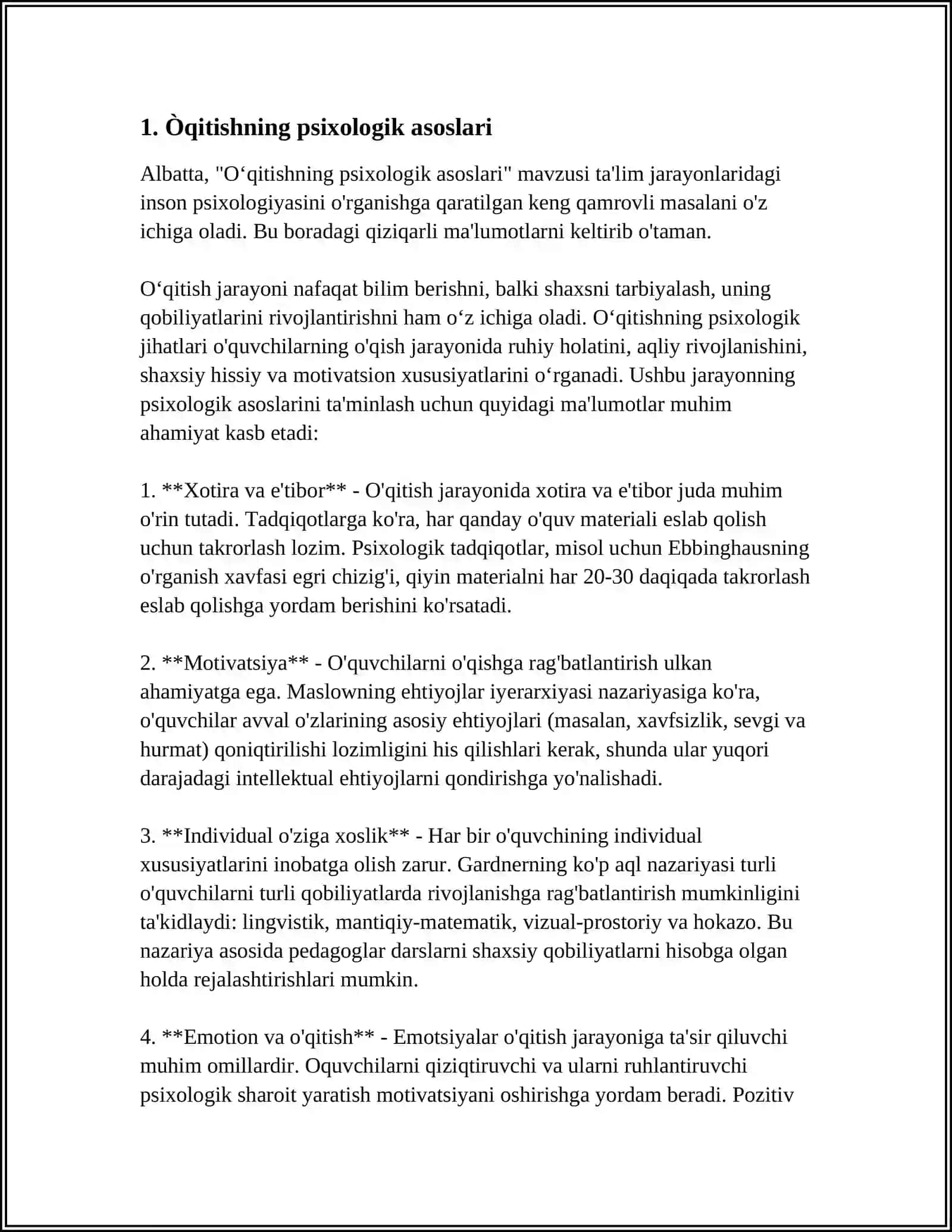 ÒRTA VA OĢIR DARAJALI AQLI ZAIF BOLALARNING PSIXOLOGIK-PEDAGOGIK XUSUSIYATLARI 4