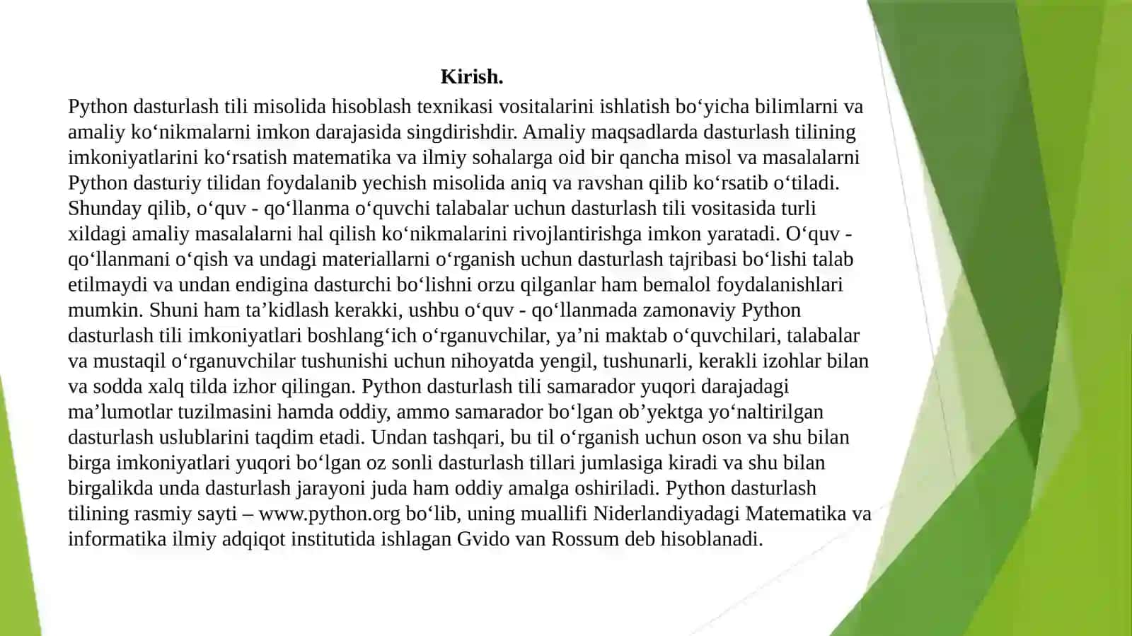 Pythondasturlashtilimisolidahisoblashtexnikasivositalariniishlatishbo‘yichabilimlarnivaamaliyko‘nikmalarniimkondarajasidasingdirish 4