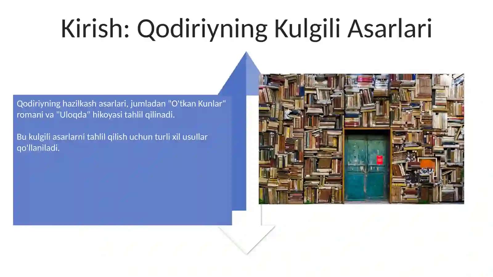 Qodiriyning "Õtkan kunlar "romani "Uloqda"hikoyasi "Kalvak Mahzumning xotira daftaridan " "Toshpõlat tajang nima deydi" kabi hajviyalar tahlili turli metodlar bilan 4