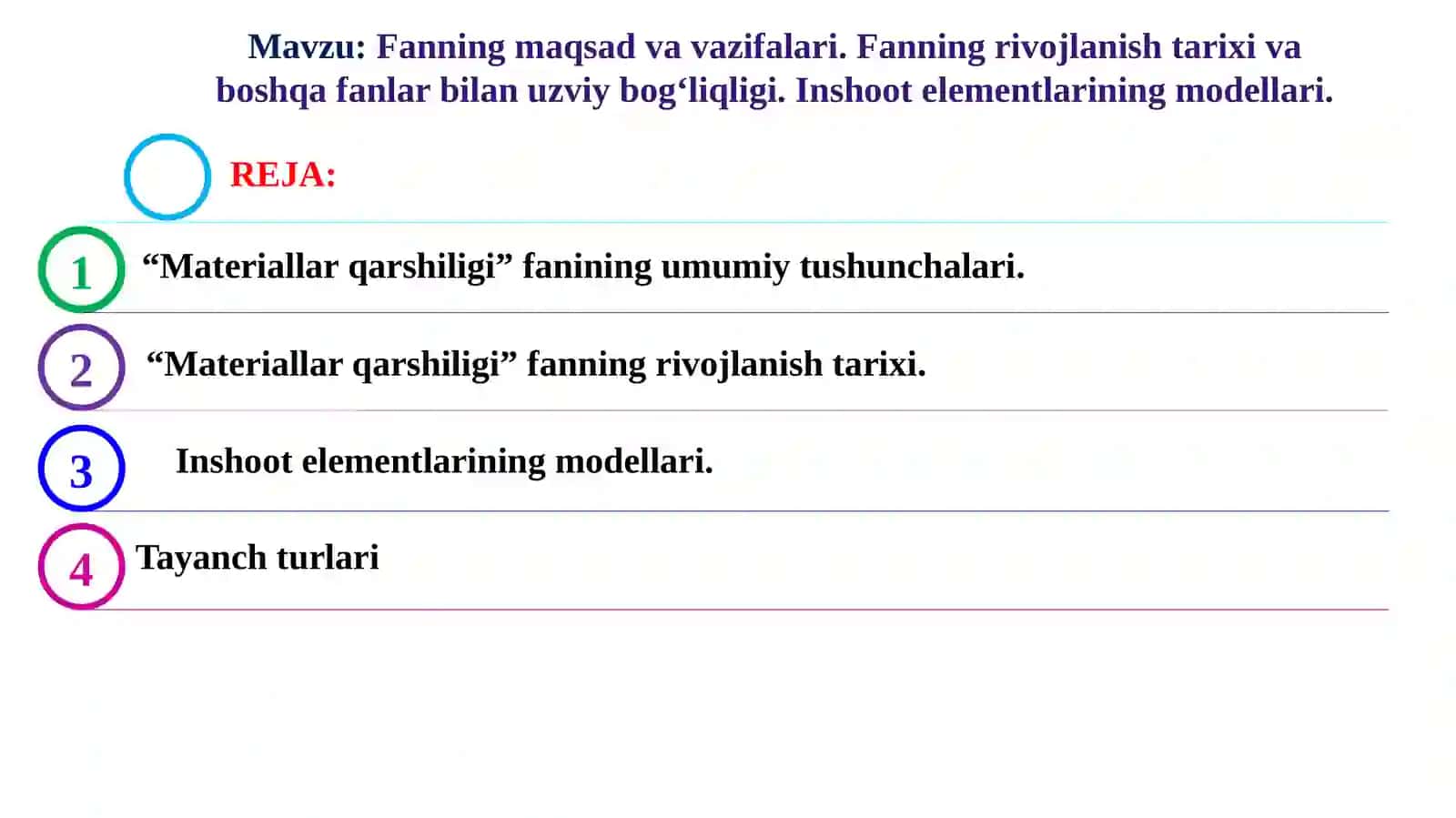 Fanning maqsad va vazifalari. Fanning rivojlanish tarixi va boshqa fanlar bilan uzviy bog‘liqligi. Inshoot elementlarining modellari 4