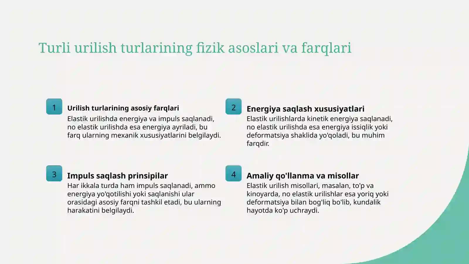 Jismlarning absalyutelastik va noelastik urilishi 4