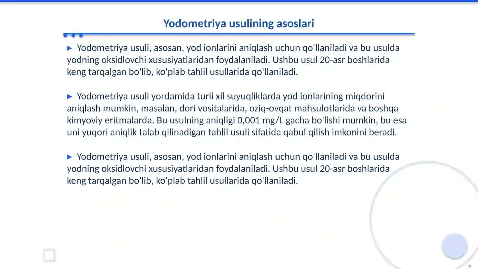 Xloriodimetriya va yodometriya usullarining mohiyati,titranti,qoʻllanilishi 4