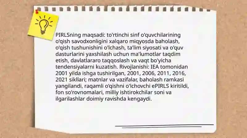 TIMSS,PIRLIS, PISA,TALIS, EGMA xalqaro baholash dasturlari va ularning mazmun mohiyati 4