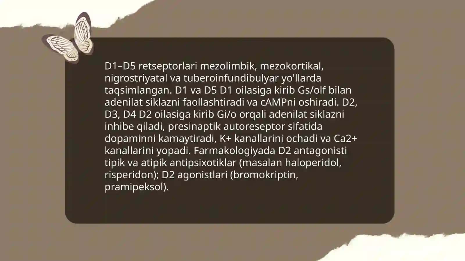 Dofamin va Dofaminergik vositalar. Serotonin va Serotoninergik vositalar Munira Abduqayumova 4