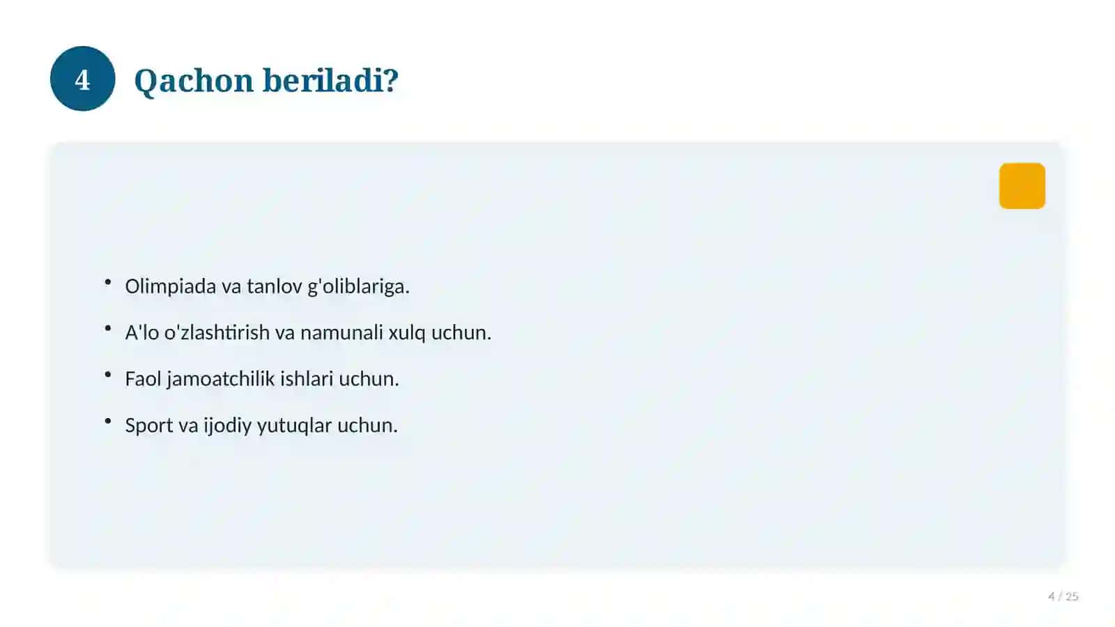 Faxriy yorliq o'quvchilar uchun 2026 yil 4