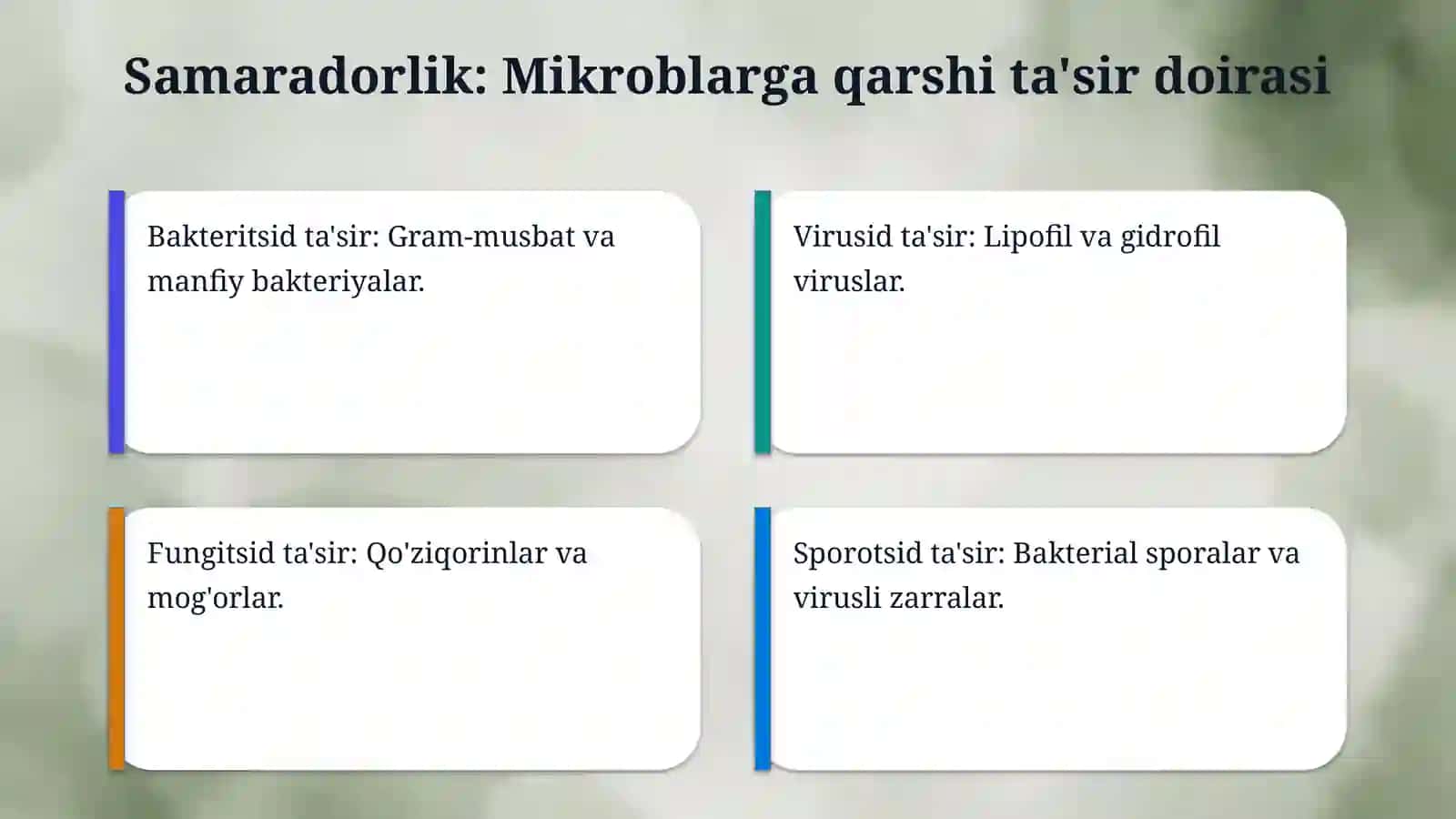 Dezinfektsiyalash vositalarining iste’mol xossalari va sifat ko‘rsatkichlari 4