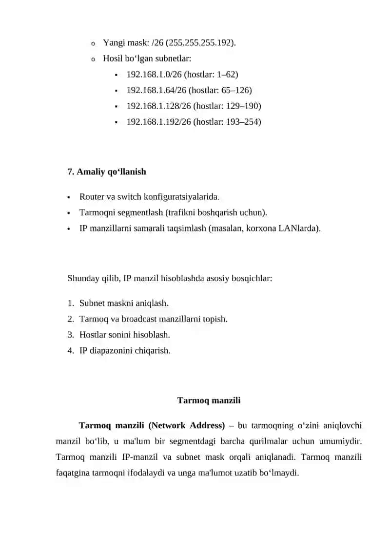TARMOQ IP MANZILLARINI HISOBLASH. TARMOQLARNI ADRESLASH TAMOYILLARI. TARMOQ MANZILI, BROADCAST MANZILI TUSHUNCHASI. MANZILLAR TASNIFI. 4