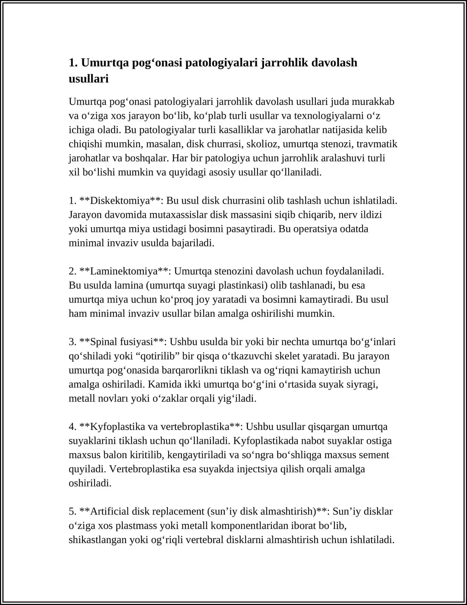 UMURTQA POG'ONASI PATOLOGIYALARINI OPERATIV DAVOLASH USULLARI. ORQA MIYA CHURRALARIDA OPERATSIYALAR 4