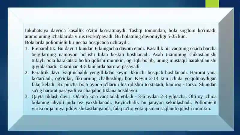 POLIMIELIT KASSALIGINING KELIP CHIQISHI SABABLI ASORATI. 4