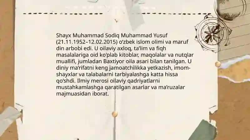 Shayx Muhammad Sodiq Muhammad Yusufning Baxtiyor oila asarida islom qadriyatlarining talqini yuzasidan taqdimot tayyorlash 4
