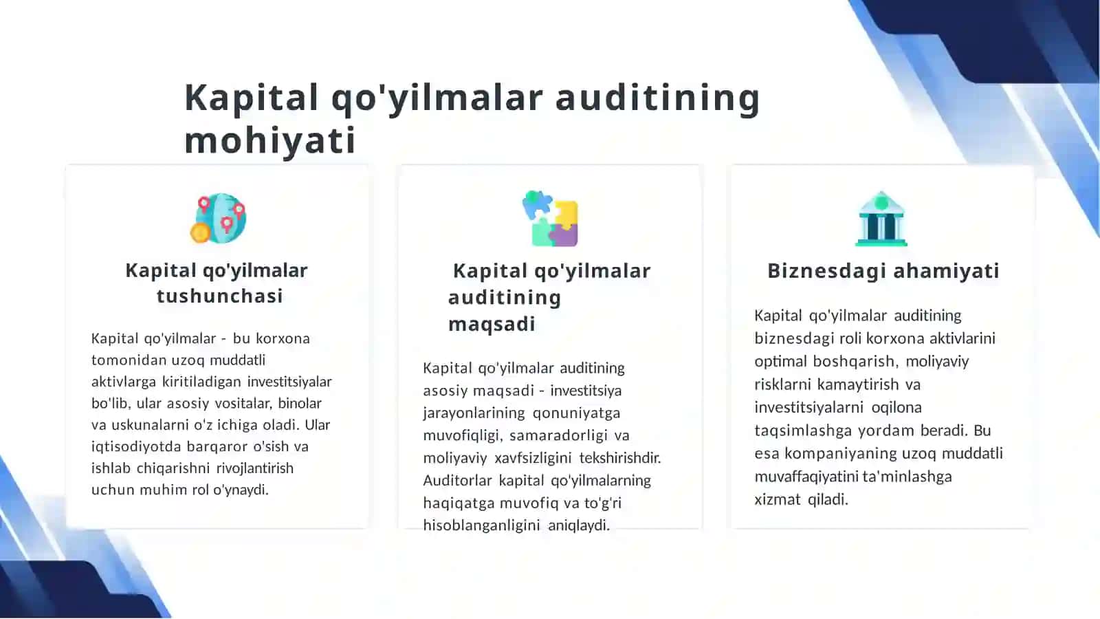 Pudratvaxo'jalik usuli dabajariladigan kapital qo'yilmalar auditini asosiy tushunchalari 4