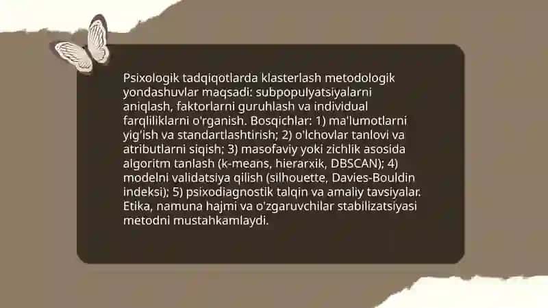 Psixologiya fanining ilmiy tadqiqot metodlarini klaster interfaol metodi asosida yoritib bering 4