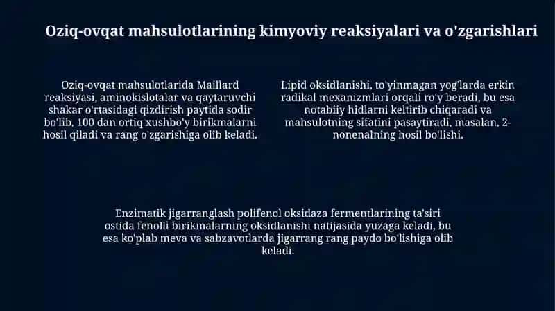 Oziq ovqat kimyosi fanining oziq ovqat sanoatida tutgan oʻrni 4