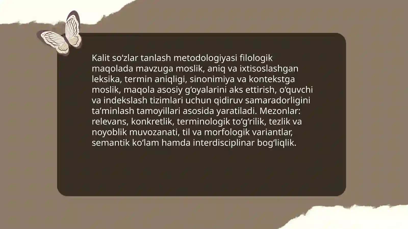 Filologiyaning dolzarb masalalariga bag‘ishlangan ilmiy maqola ustida ishlash. Maqoladagi sohaga oid atamalar va kalit so‘zlar tahlili 4