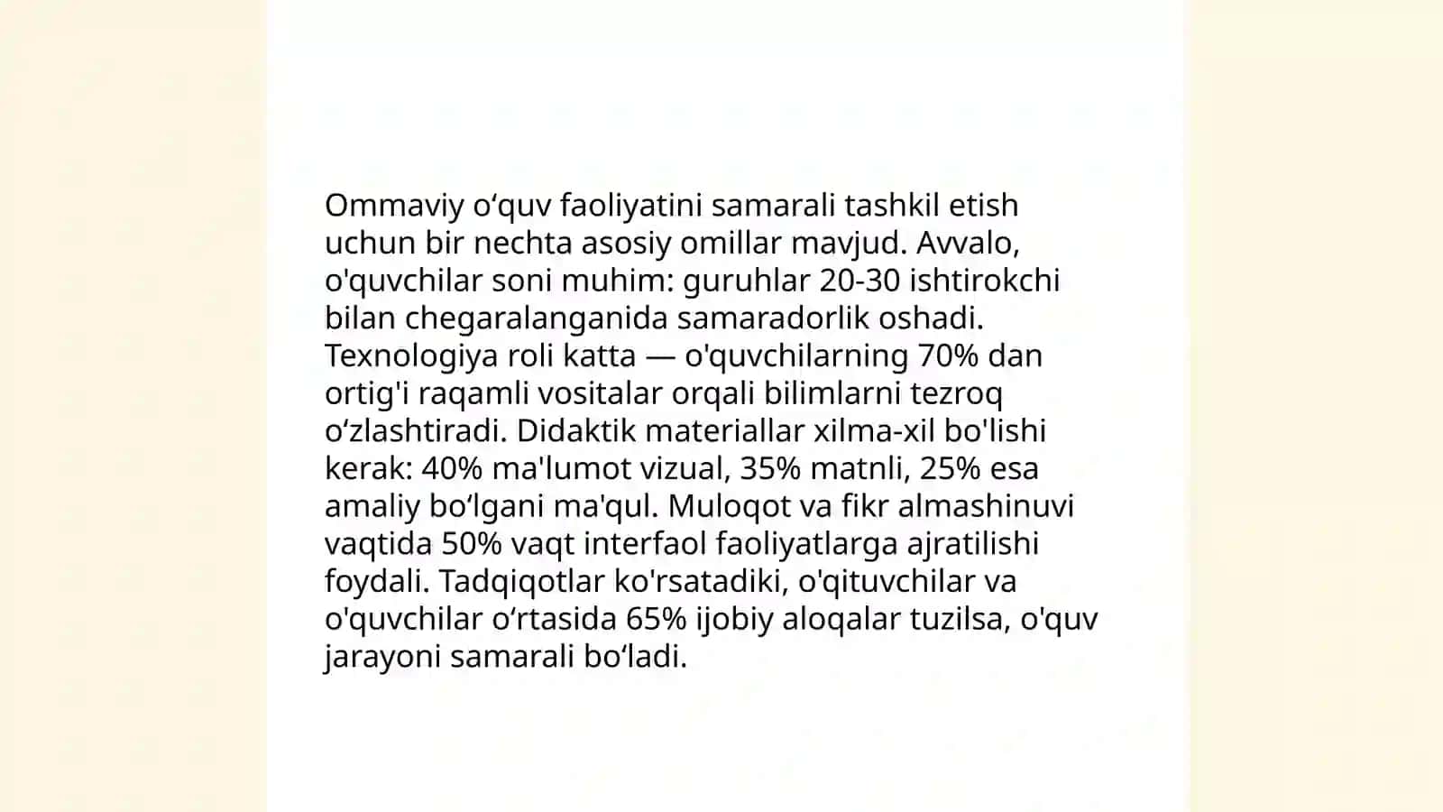 Darsda oʻquvchilar oʻquv faoliyatini ommaviy, guruhli va yakka tartibda tashkil etish. Zamonaviy sharoitda darslarni takomillashtirish yoʻllari 4