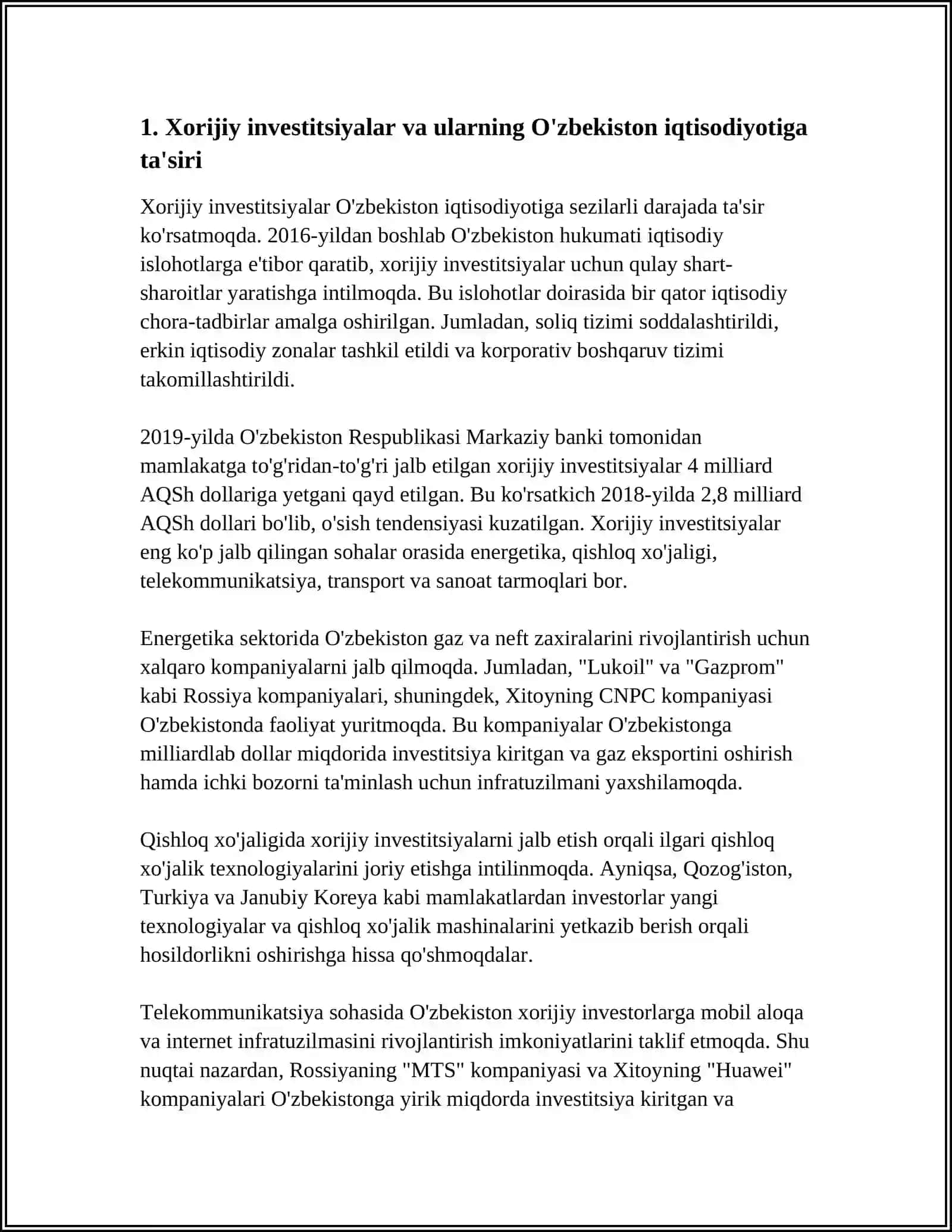 O ZBEKISTON RESPUBLIKASIDA TASHQI IQTISODIY FAOLIYATNI XORIJIY INVESTITSIYALAR YORDAMIDA RIVOJLANTIRISH MASALALARI 4