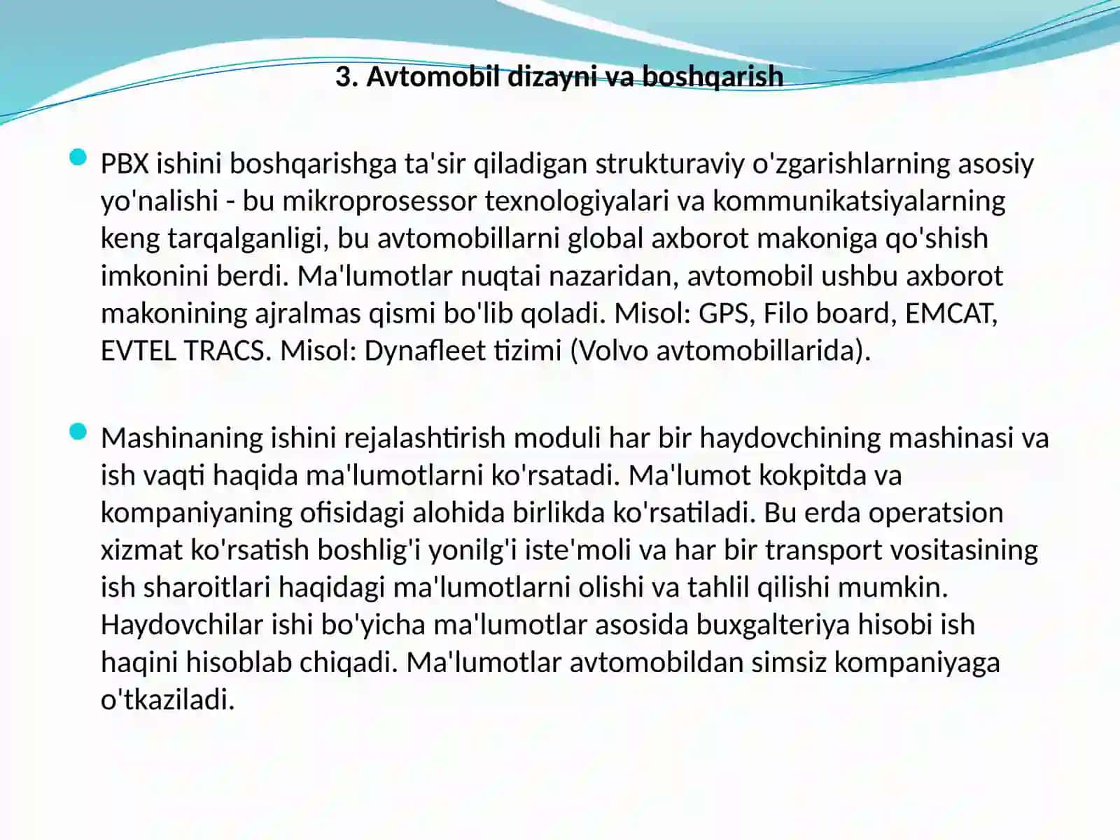 №17AVTOTRANSPORT VOSITALARI EKSPLUATATSIYASINI BOSHQARISHNI ZAMONAVIY USULLARI VA ULARNI TEXNIK EKSPLUATATSIYASI 4