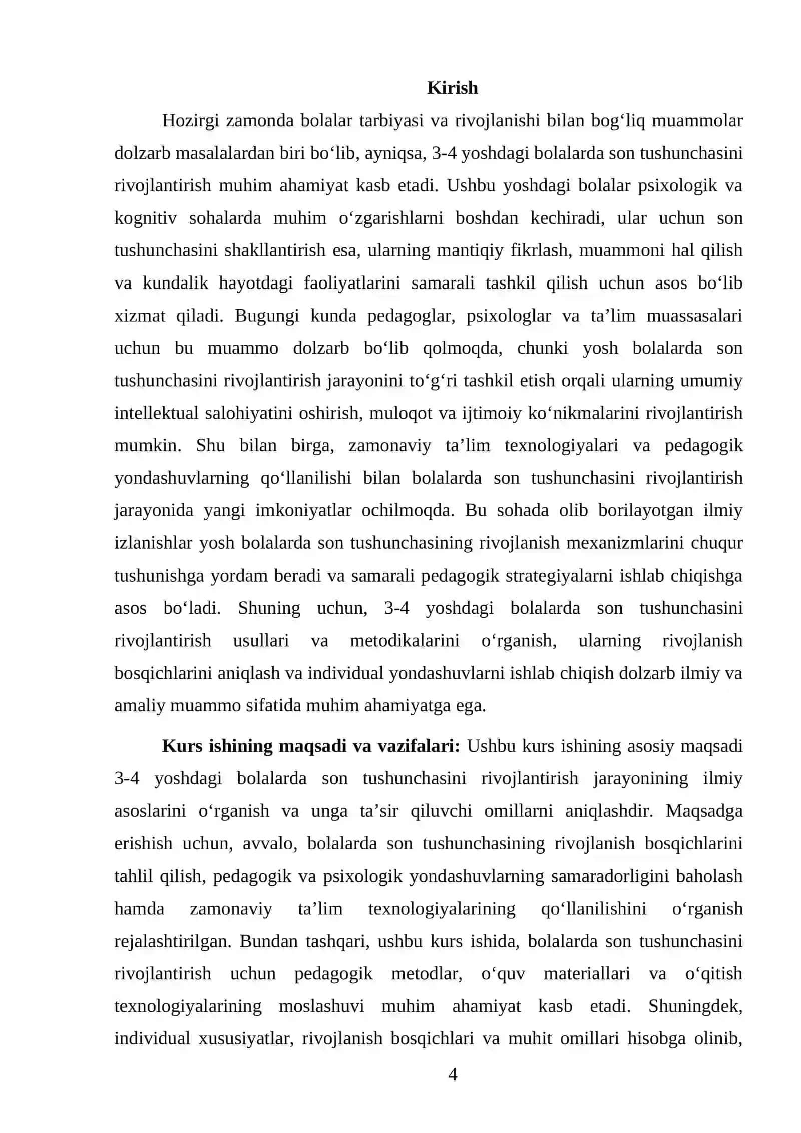 BOLALARDA ELEMENTAR MATEMATIK TASAVVURLARNI SHAKILLANTIRISH FANIDAN TAYYORLAGAN KURS ISHI 4