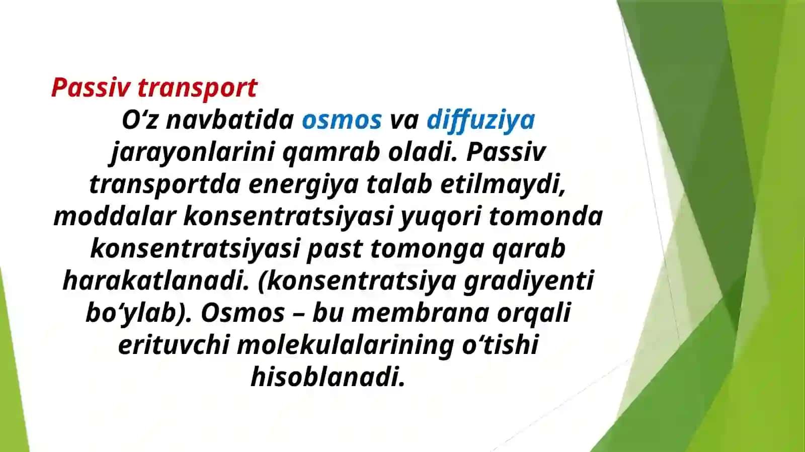 MODDALARNING MEMBRANA ORQALI PASSIV TASHILISHI, DIFFUZIYAGATAʼSIRETUVCHI OMILLAR, PASSIV TRANSPORTNING TIBBIYOTDAGI AHAMIYATI 4