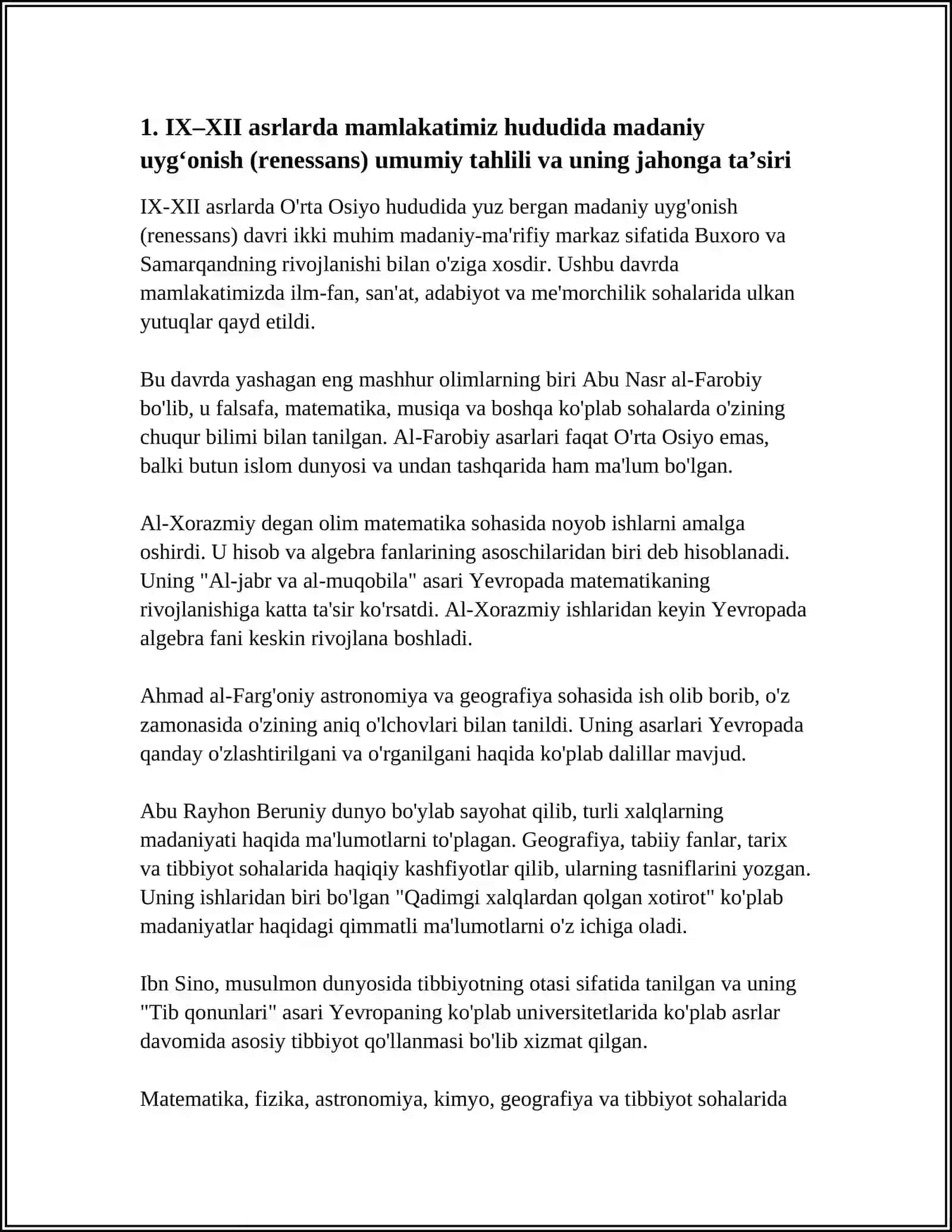 IX-XII ASRLARDA MAMLAKATIMIZ HUDUDIDA RO'Y BERGAN MADANIY UYG'ONISH (RENESSANS) BUYUK ALLOMALARNING JAHON SVILIZATSIYASIGA QO'SHGAN HISSASI HAQIDA MA'LUMOTLAR 4