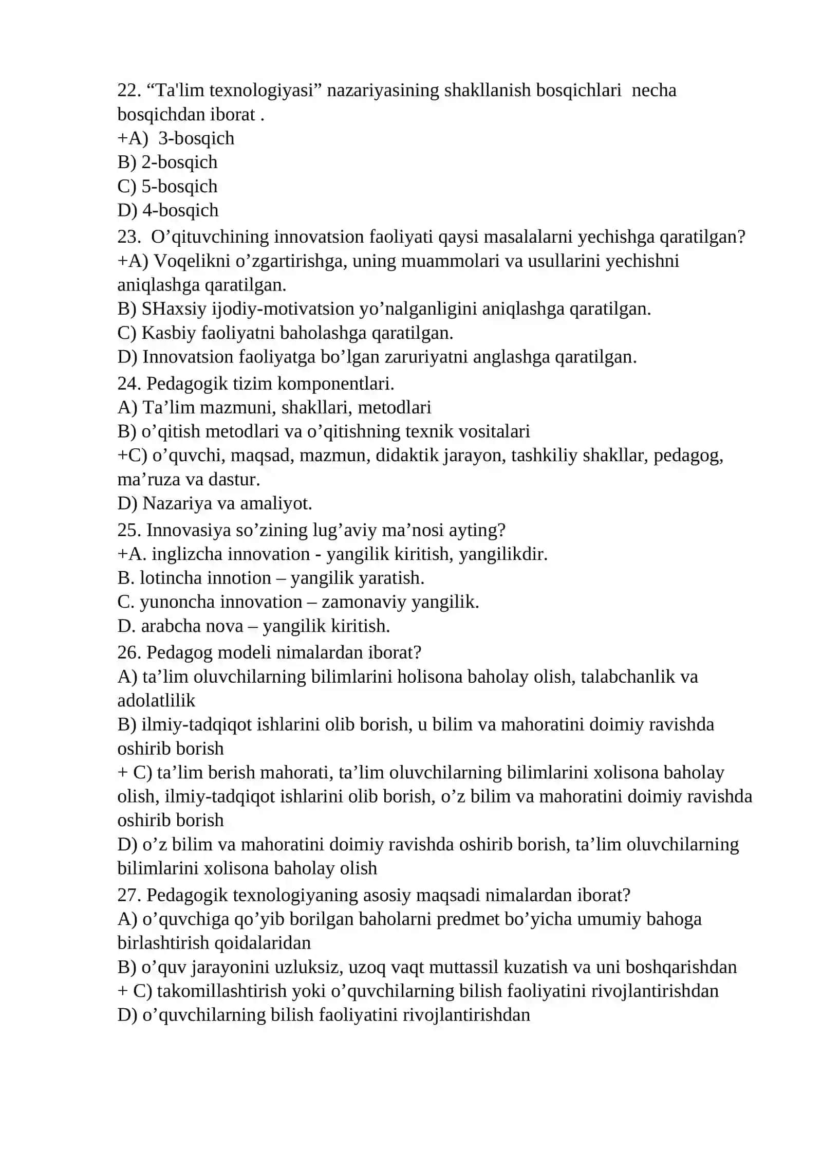 TOIFA ATTETATSIYA SINOVLARIDA FOYDALANILGAN PEDAGOGIKA VA KASB STANDARTI SAVOLARI JAMLANMASI (JAVOBLARI BILAN) 4